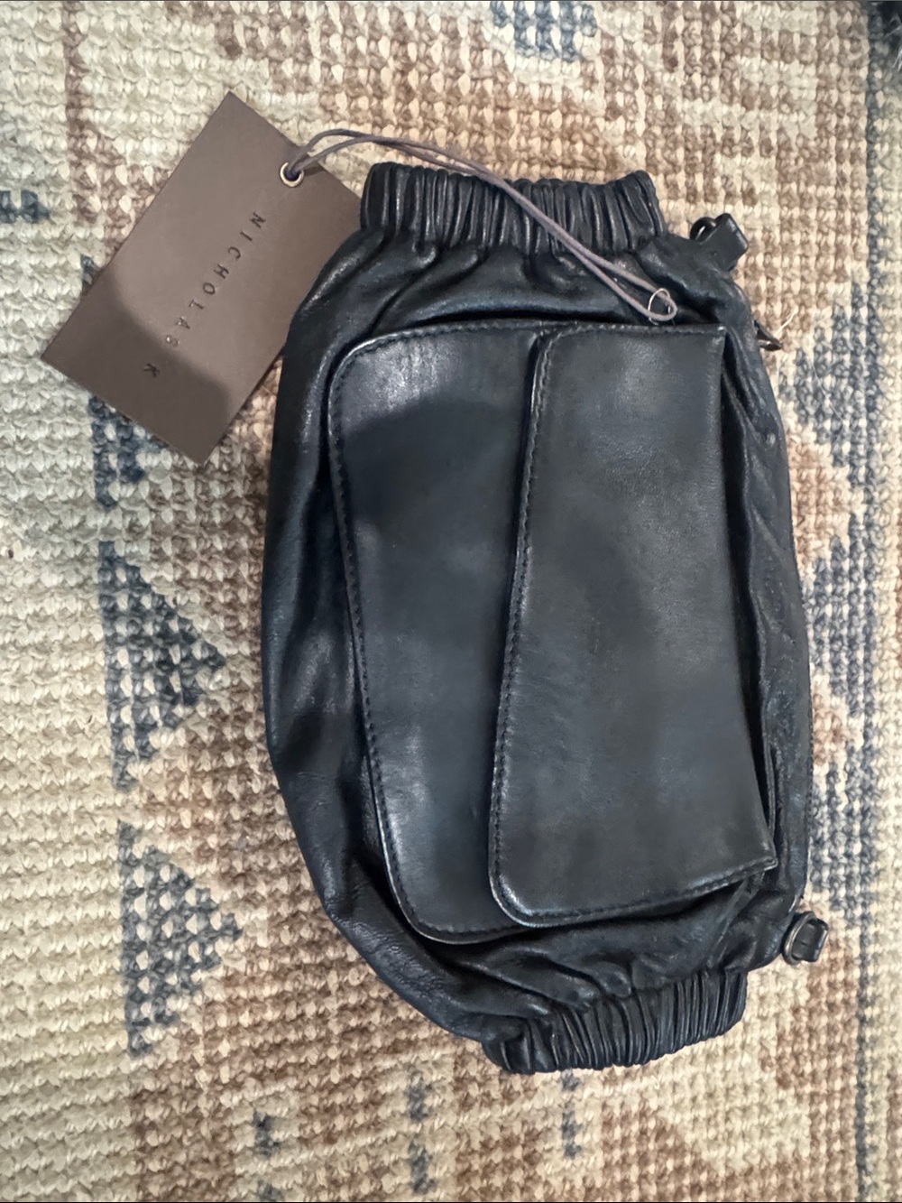 NWT Nicholas K Black Leather Belt Pouch with Front Flap Pocket Leif Cuff Pack